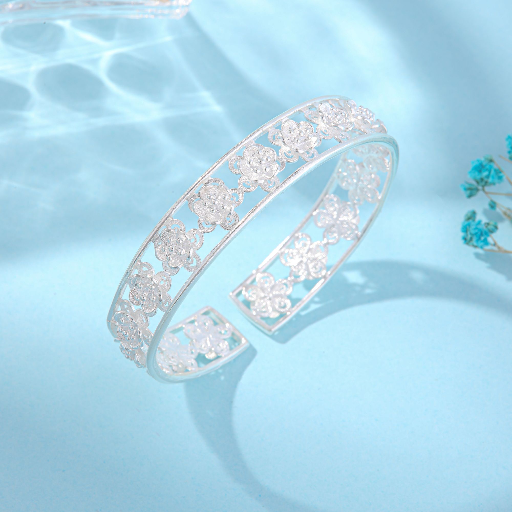 足银手镯 足银幸福花丝镂空手镯