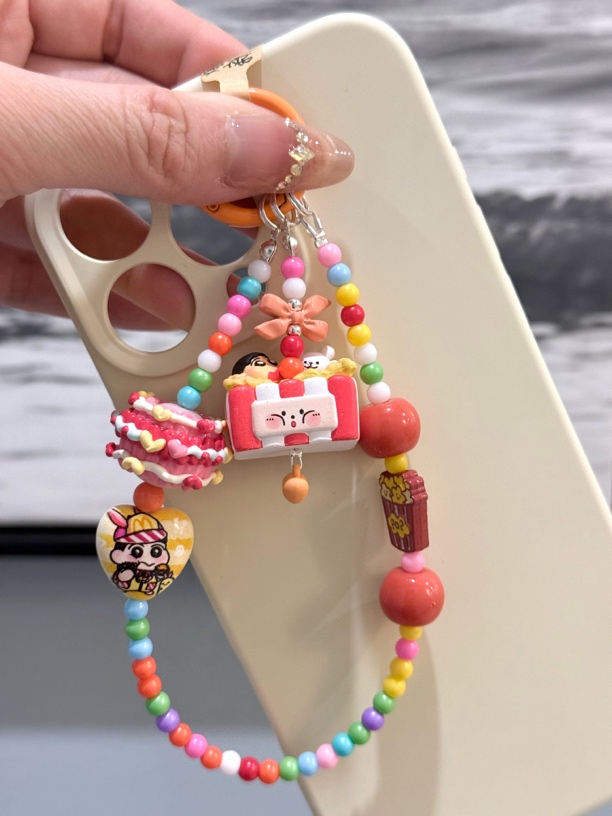 爆米花小新Diy手绘捏捏珠手机链改娃包挂钥匙扣潮玩手作