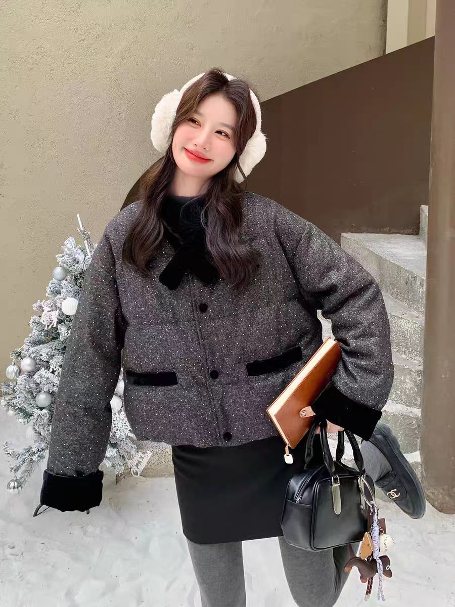 1230款亮晶晶外套拼接小香风棉衣法式女装保暖短款厚款气质上衣Y