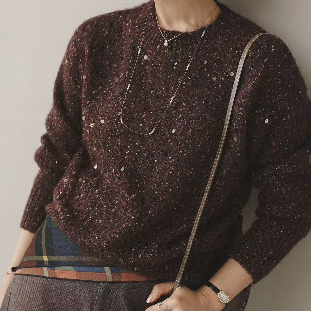 繁星闪耀 亮片装饰羊毛秋冬圆领针织衫毛衣上衣6239