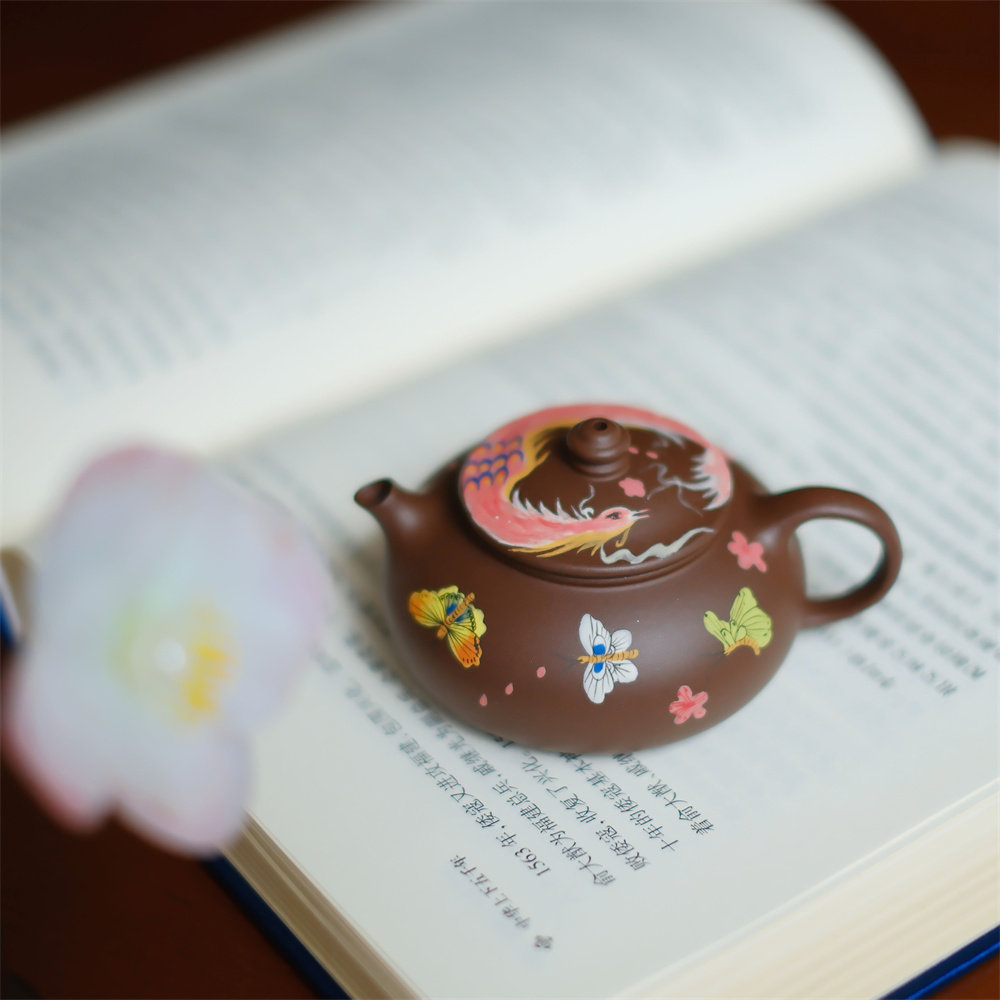 大碗茶器【凤凰蝴蝶】寒江·100cc·内推球孔手工手绘花鸟紫砂壶