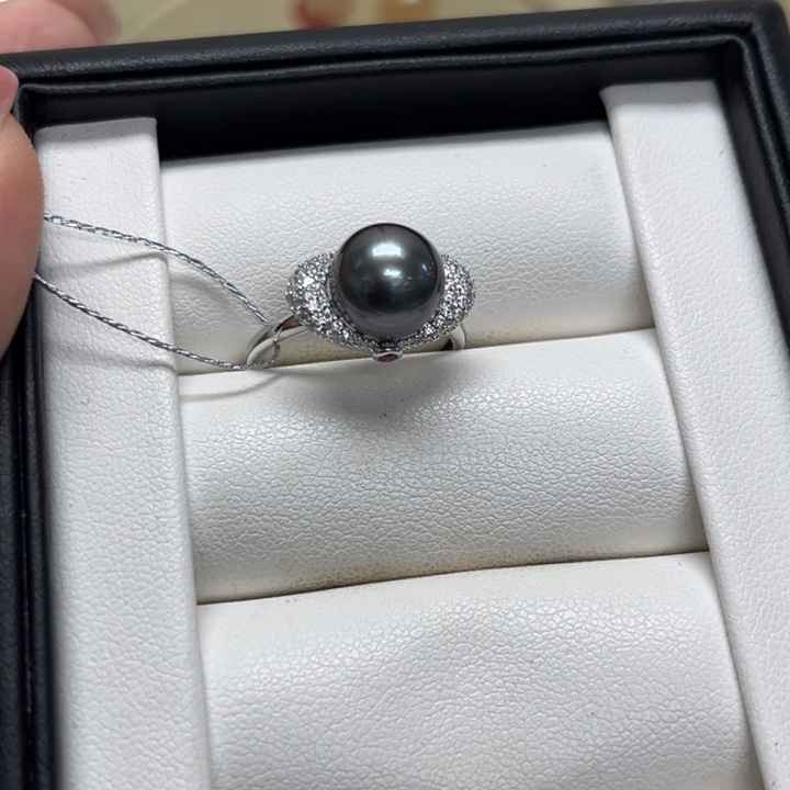 海水珍珠戒圈银S925镶嵌大溪地9-10mm55号