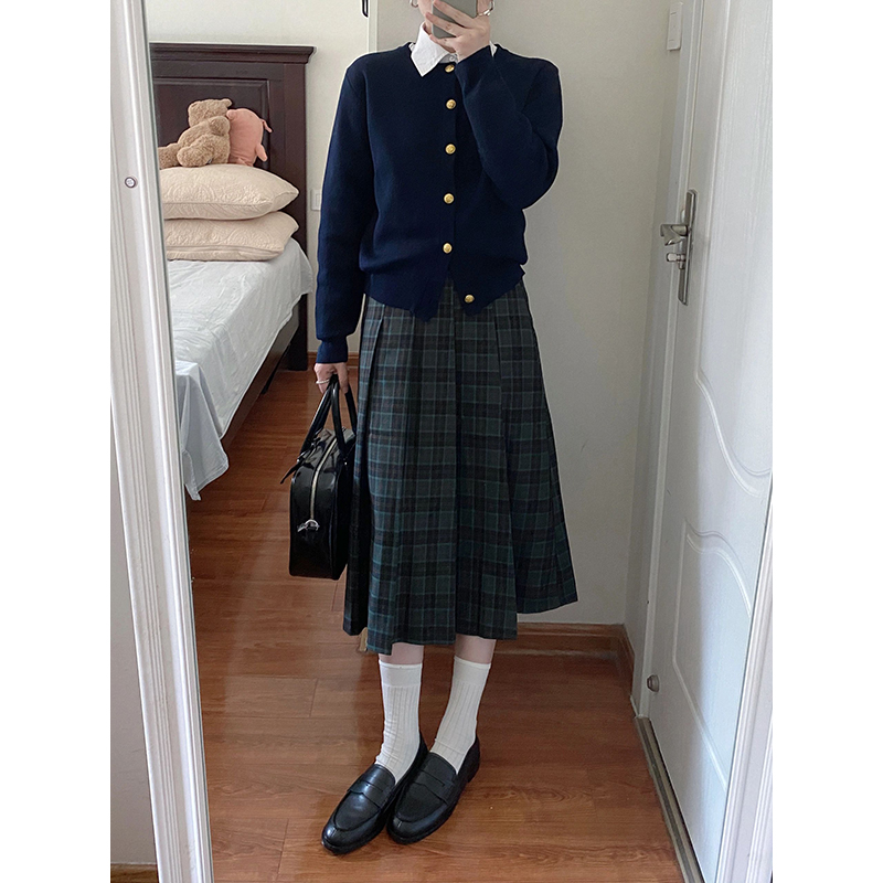 【1714 】学院风撞色针织开衫设计感毛衣复古格子百褶半身裙两件套