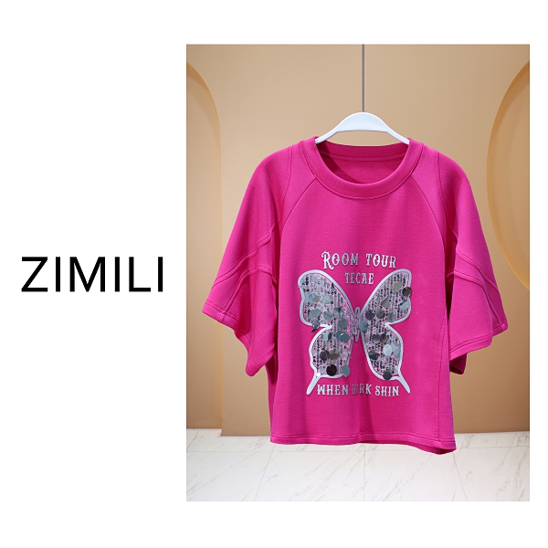 【亮哥女装】2025欧货轻薄透气玫红色蝴蝶烫钻休闲T恤8050