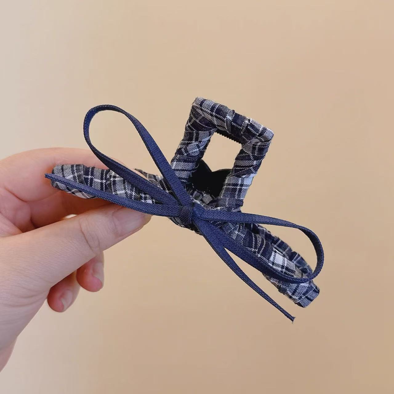 复古蓝调-布艺蓝格子一字鲨鱼夹