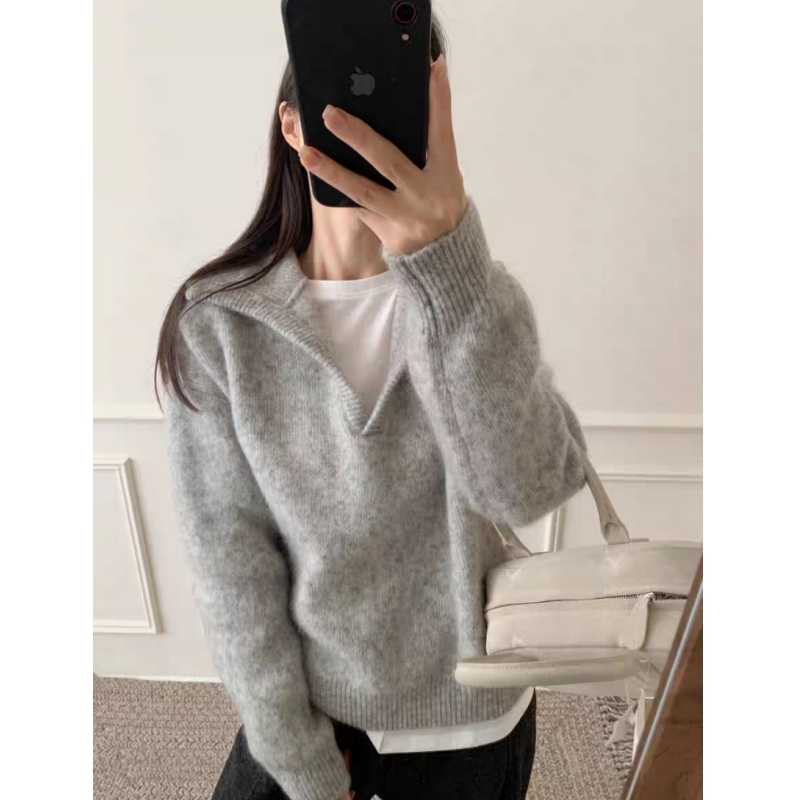 灰色宽松韩版小个子简约针织剪刀领毛衣套头1000