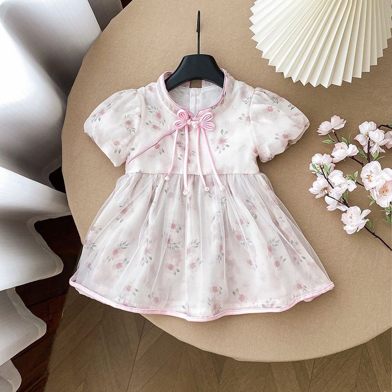 女薄款夏季碎花连衣裙新中式A版蓬蓬裙蕾丝公主裙女童国风纱裙