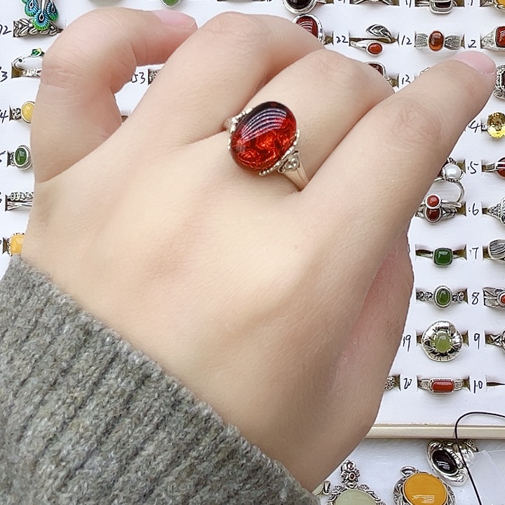 血珀戒指银S925镶嵌天然