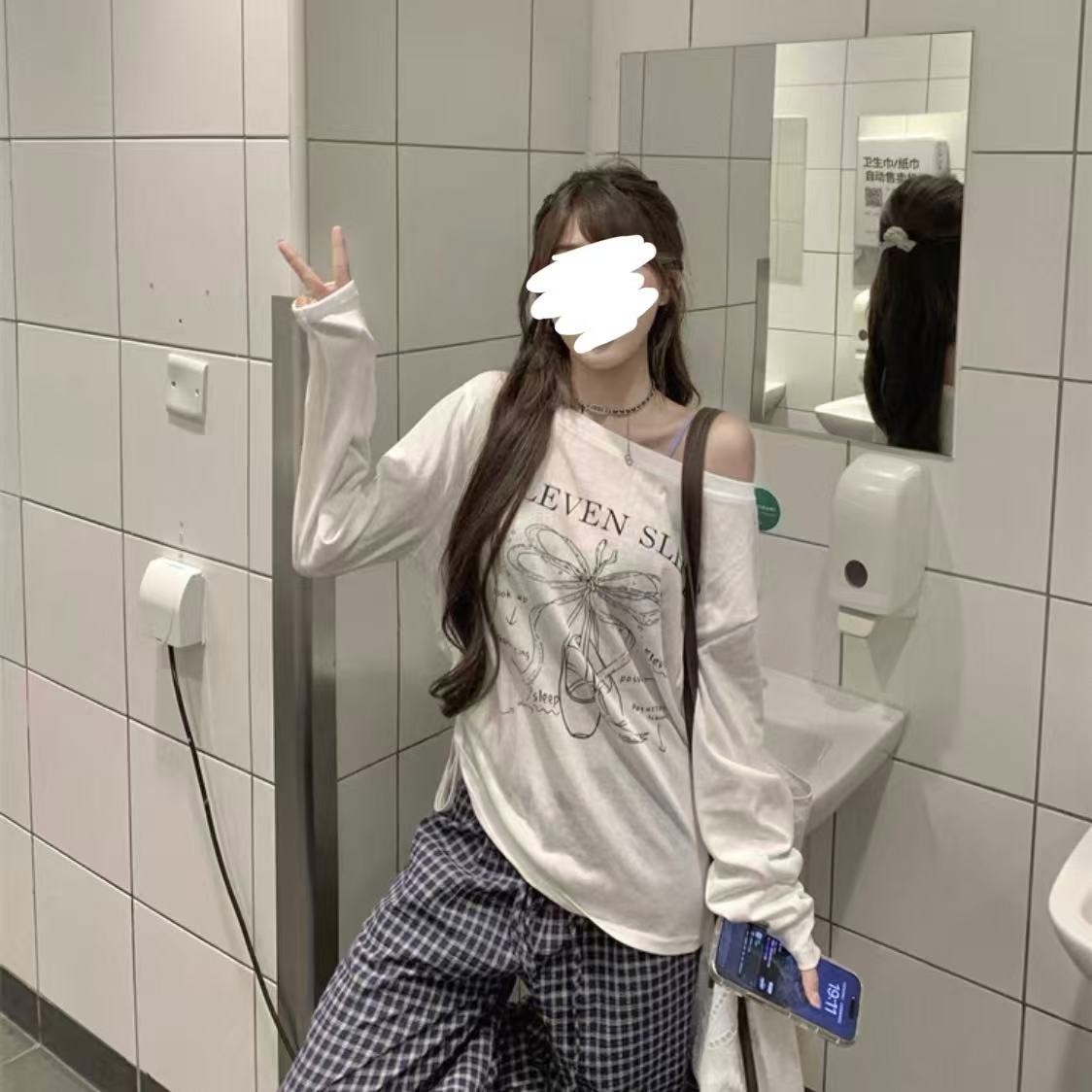 [胖鹅张]慵懒风透视印花斜肩长袖罩衫1174[实物以直播间展示为准]