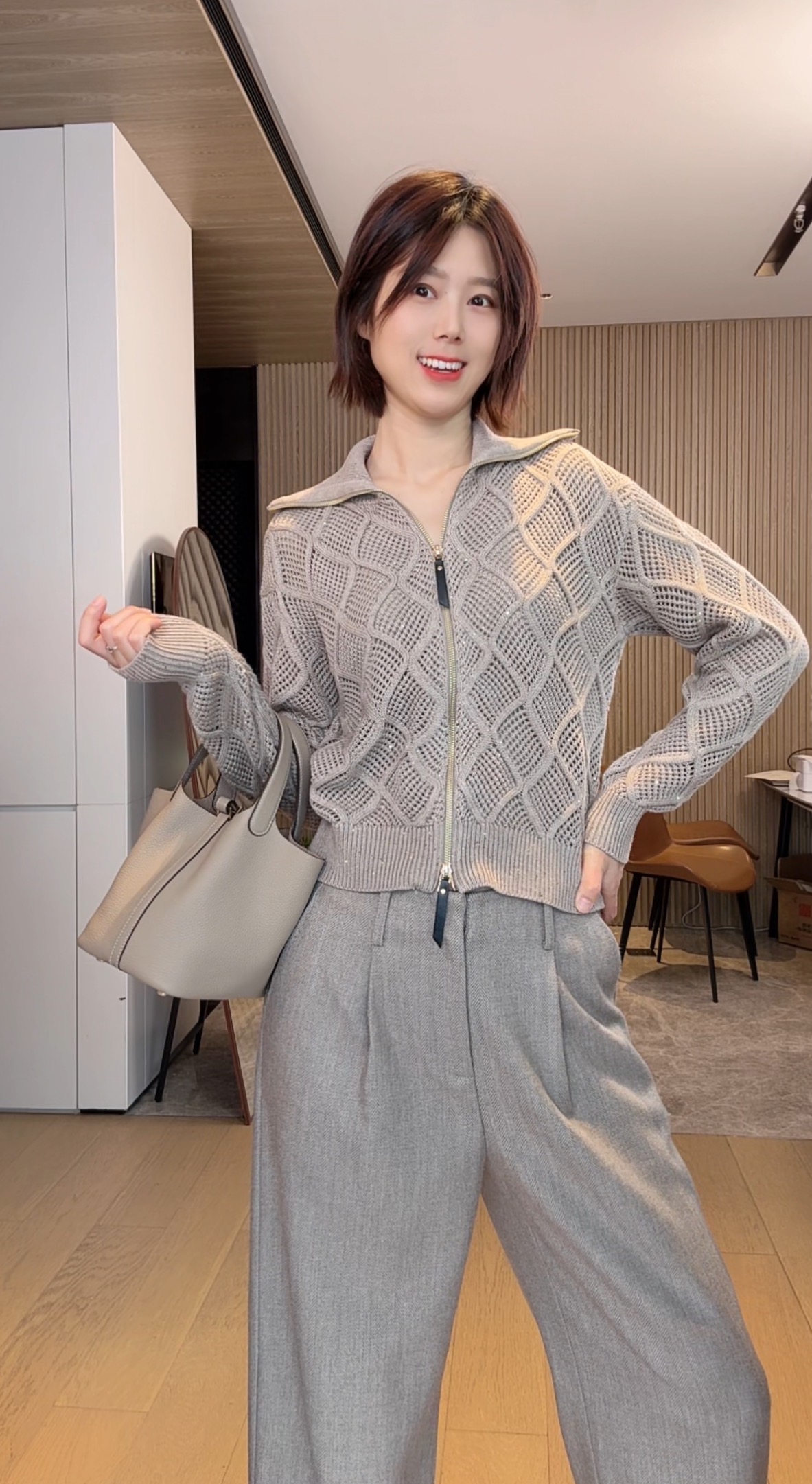 繁星桑蚕丝羊毛拉链开衫 NAN&SEN翻领镂空菱格老钱风毛衣开衫