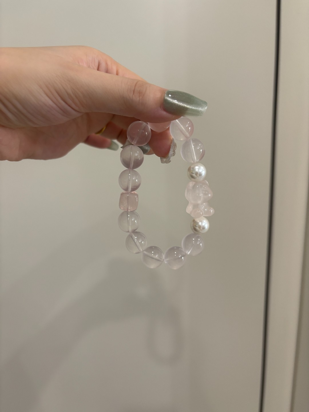 【豆蔻】，天然水晶，粉水晶小熊，手串