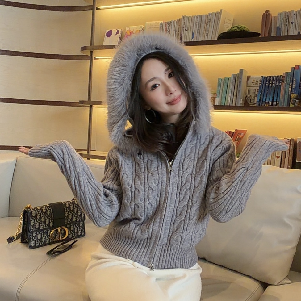 CELCOCE-A118-复古针织毛领连帽套头麻花毛衣开衫外套-Y