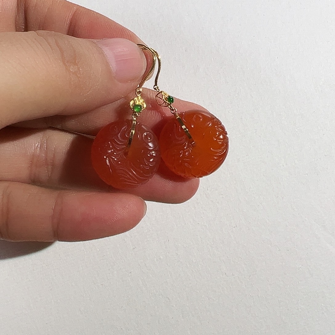 南红玛瑙耳饰18K金镶嵌