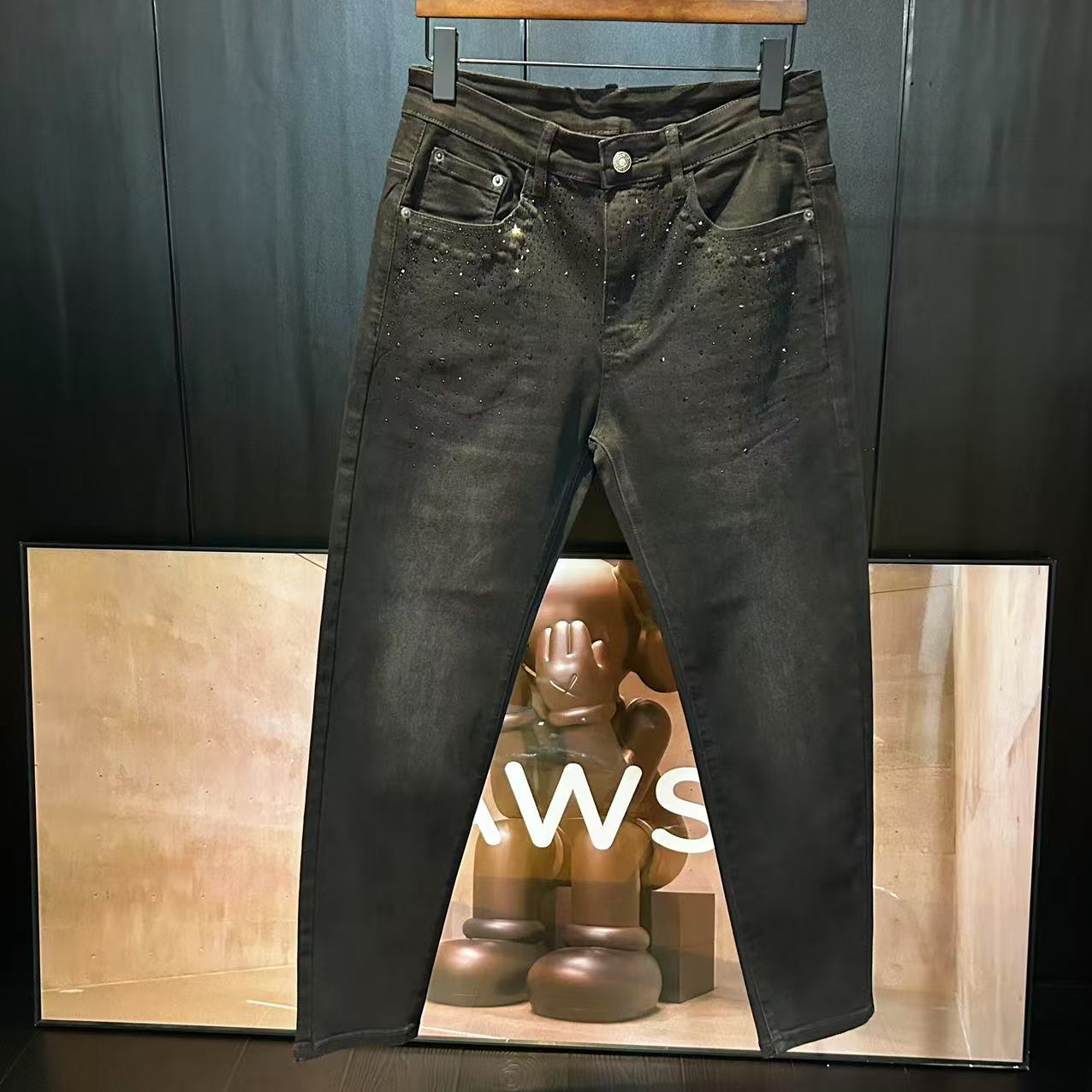 【轻奢】男士春季烫钻修身小脚牛仔裤百搭