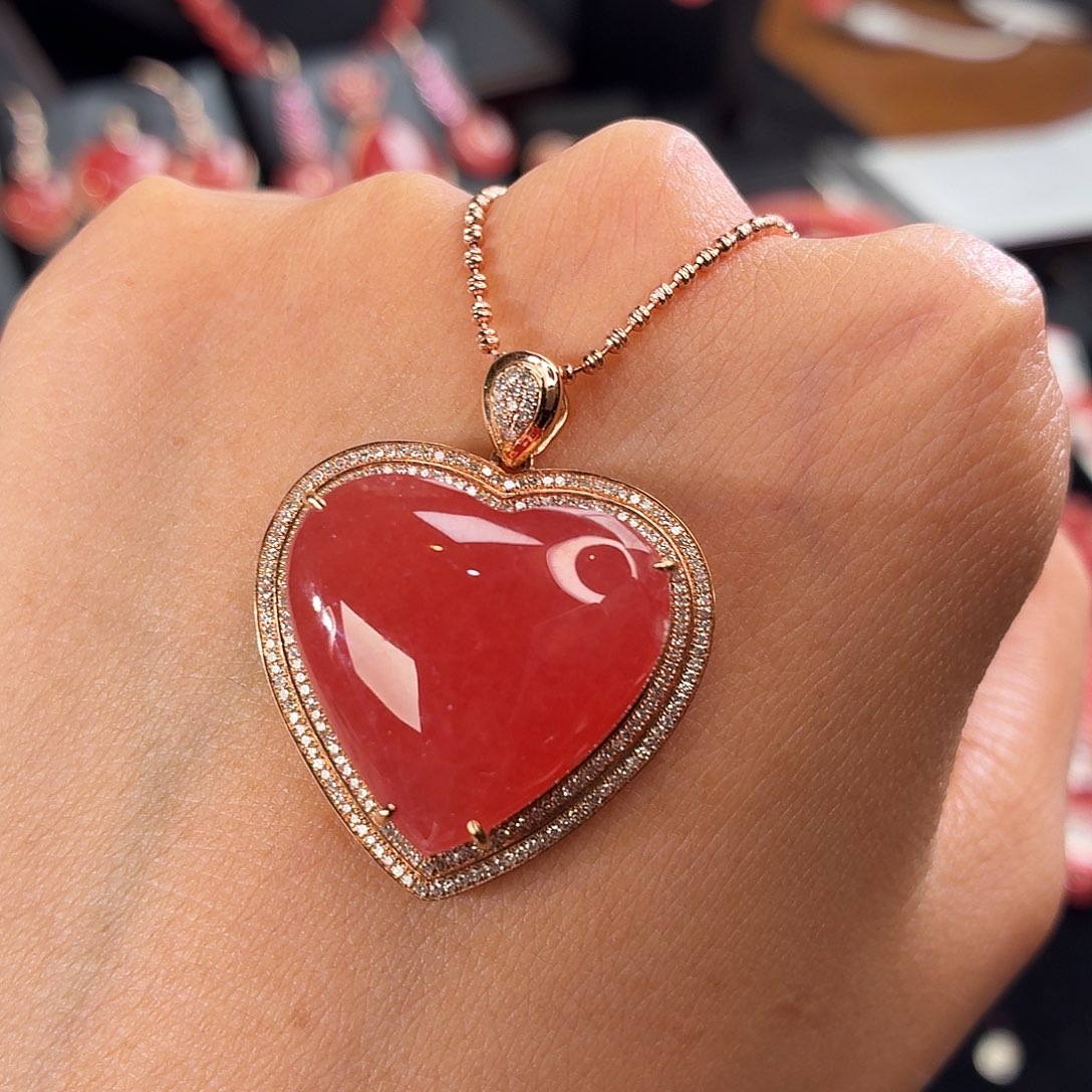 菱锰矿（红纹石）18K金镶嵌吊坠(不含链)经典款