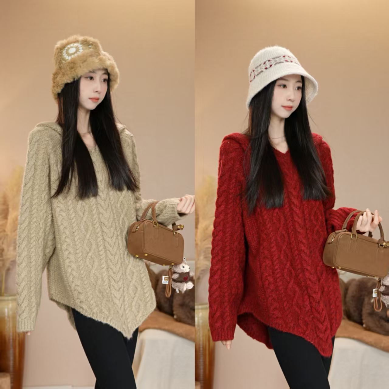 唐乐乐｜25new秋冬慵懒麻花连帽V领针织衫休闲宽松毛衣 BF0406