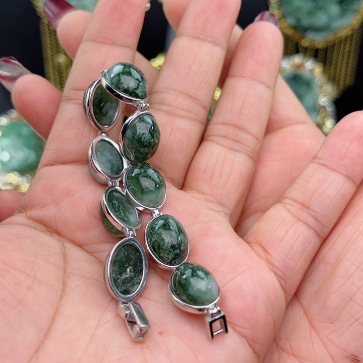 透闪石-蛇纹石玉手链银S925镶嵌雨**屋