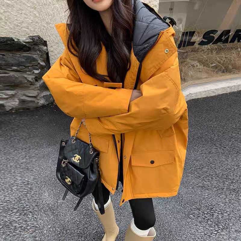 1658橘色甩帽拼接色大版外套外1-2