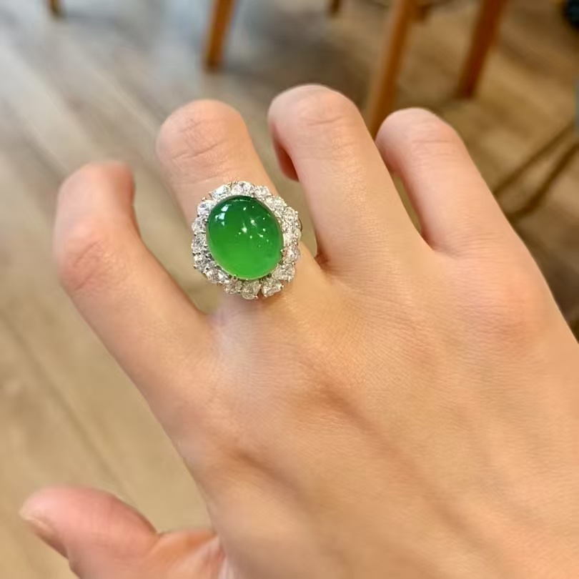 R1384【凌波仙子】豪镶嵌巴西绿玉髓大鸽子蛋时尚气质日常戒指5-10#