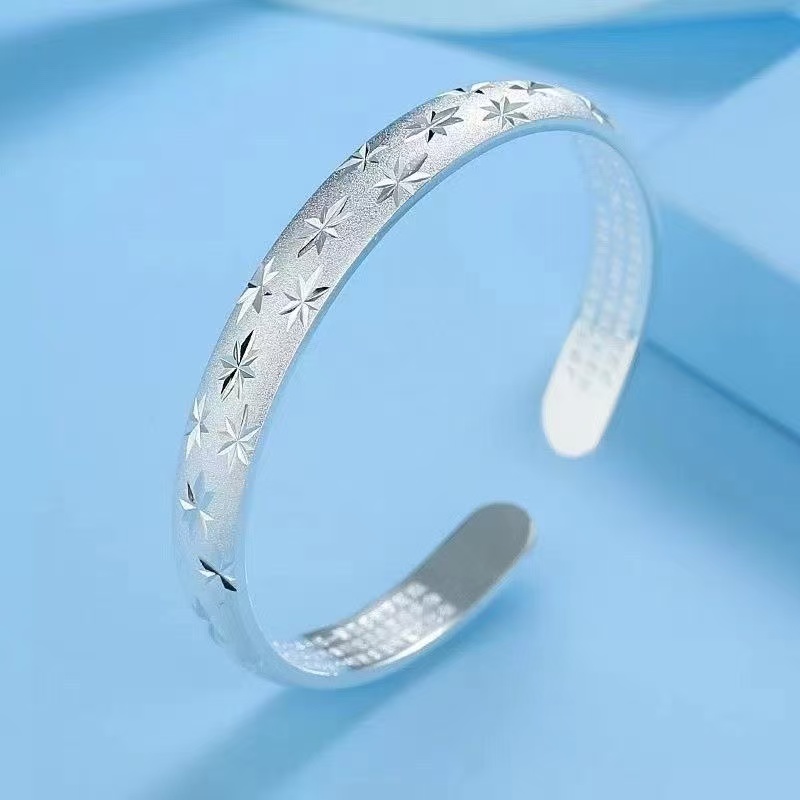 足银手镯H65足银9999开口满天星磨砂古法心经哑光雕刻复古