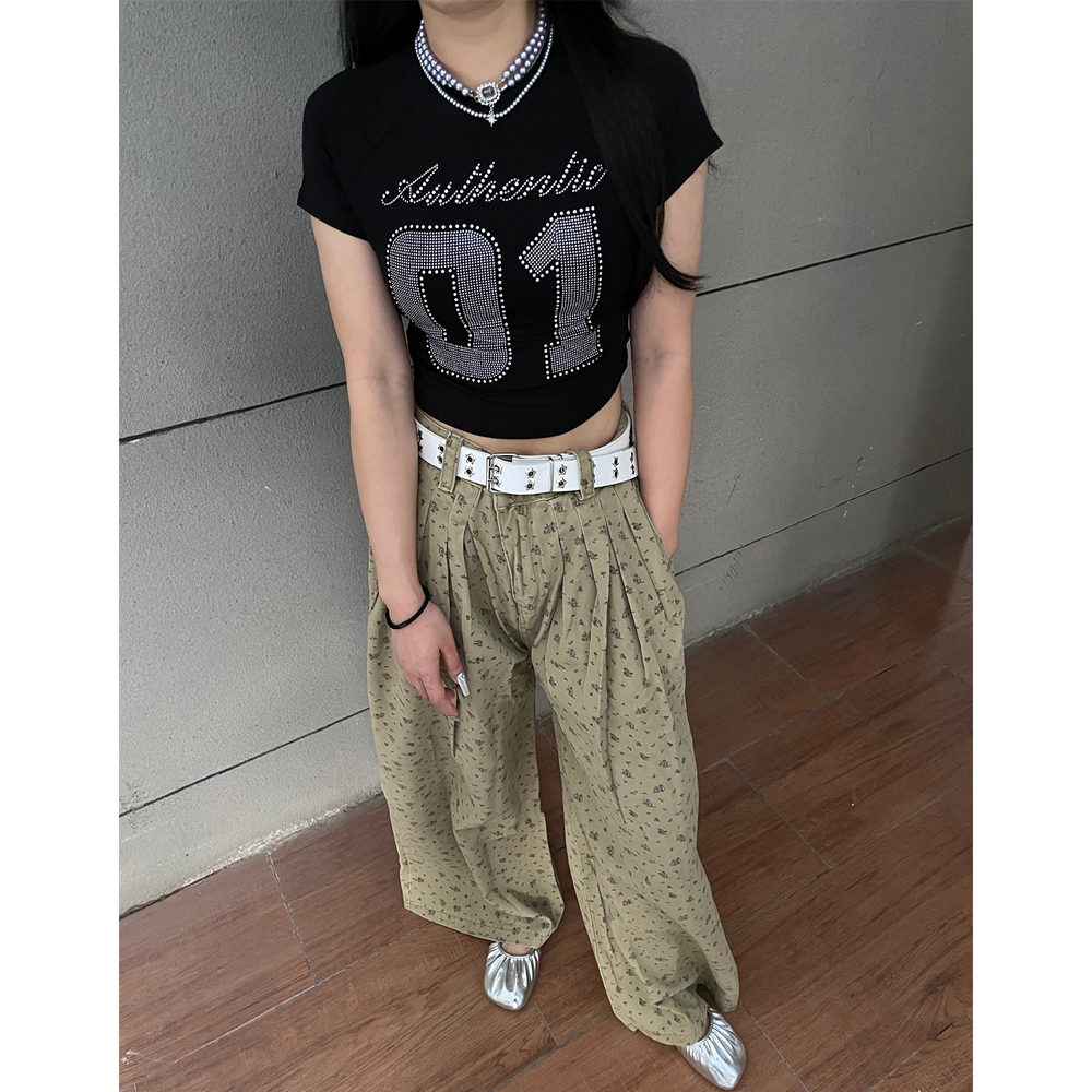 美式复古辣妹数字烫钻短袖T恤女夏季新洋气甜辣百搭短款修身上衣
