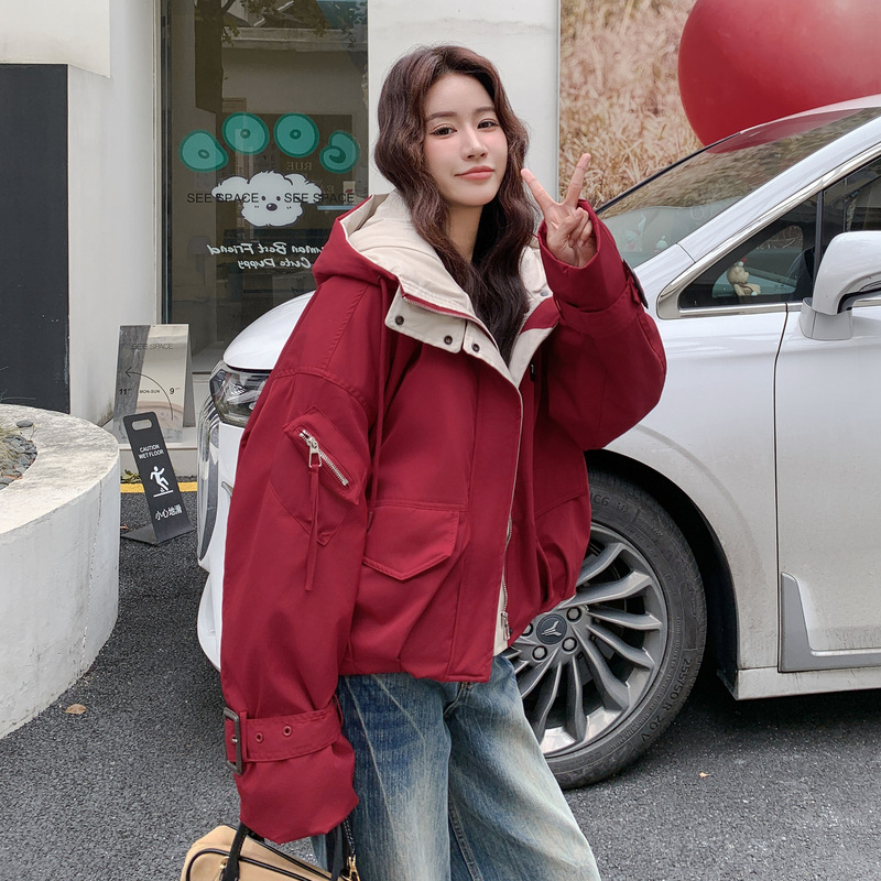M170复古红色派克棉服女2025冬季巨好看的韩系chic氛围感加绒外套