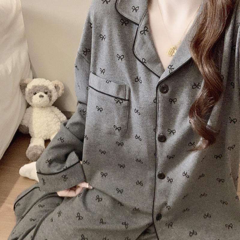 柔软水洗棉睡衣女士春秋韩版蝴蝶结加肥大码胖mm宽松家居服套装