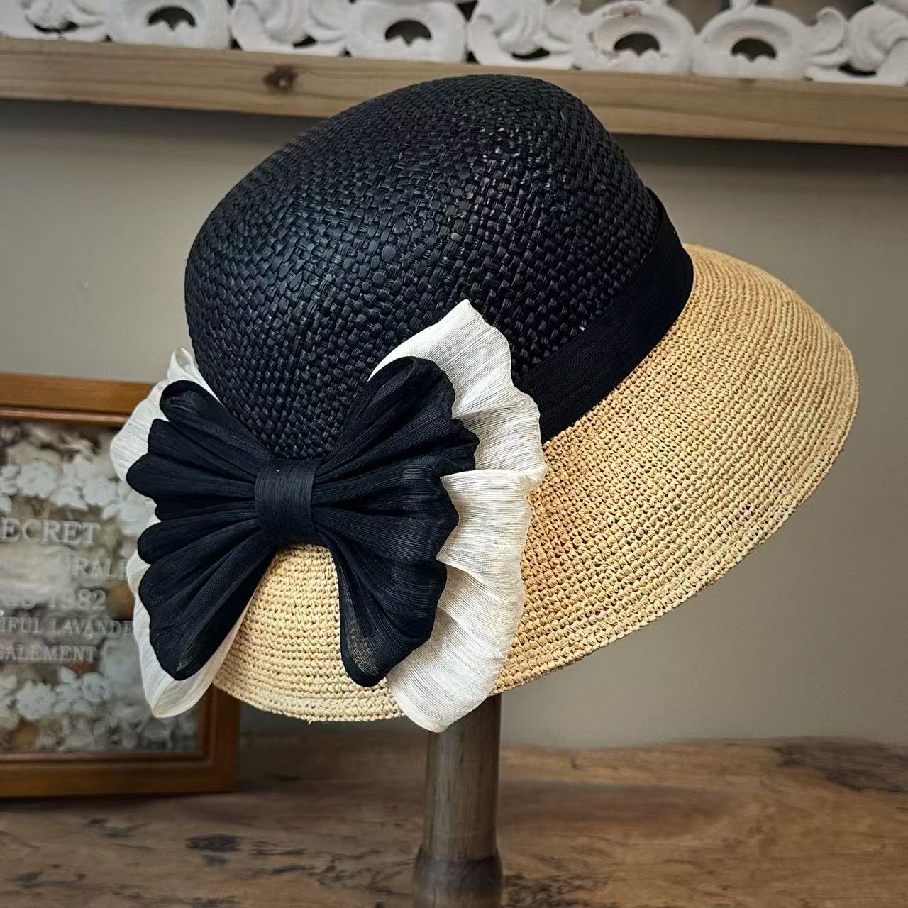 零点兰花设计师款圆顶蝴蝶结轻奢拉菲丝麻赫本礼帽优雅遮阳防晒帽