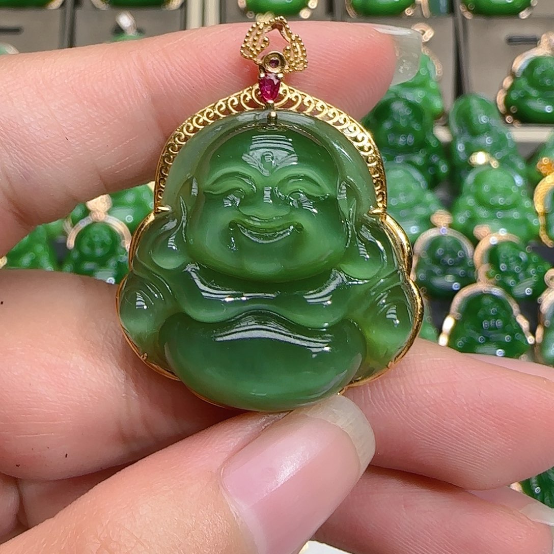 和田玉（碧玉）吊坠(不含链)18K金镶嵌