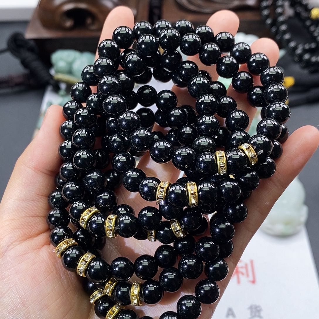 翡翠未镶嵌颈饰缅甸翡翠a货  墨翠手链8mm 随机发一条