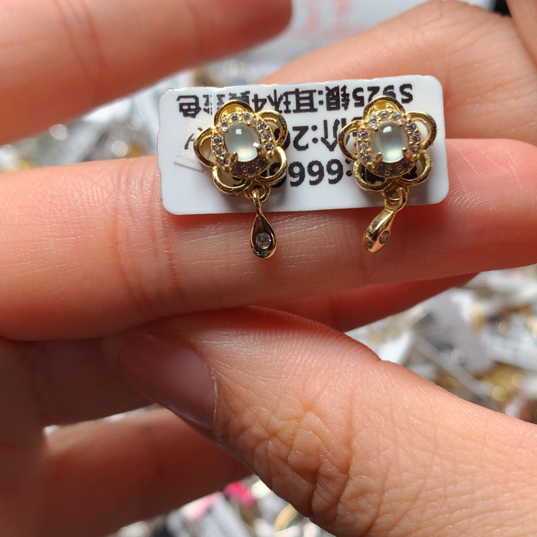 翡翠戒指银S925镶嵌天然翡翠耳饰