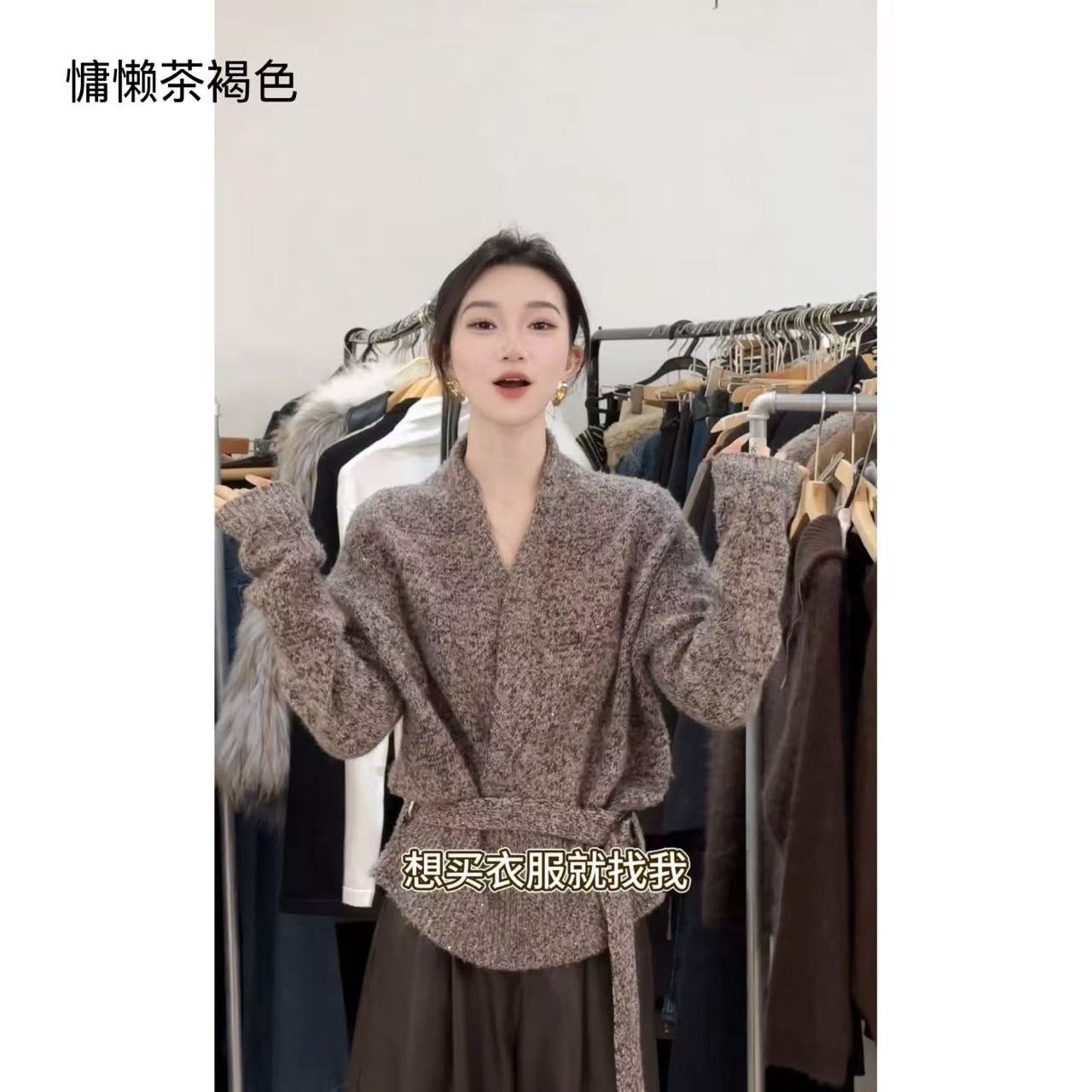 Ms·Yao【弥冬】复古系带收腰长袖毛衣女针织上衣 带腰带 8586