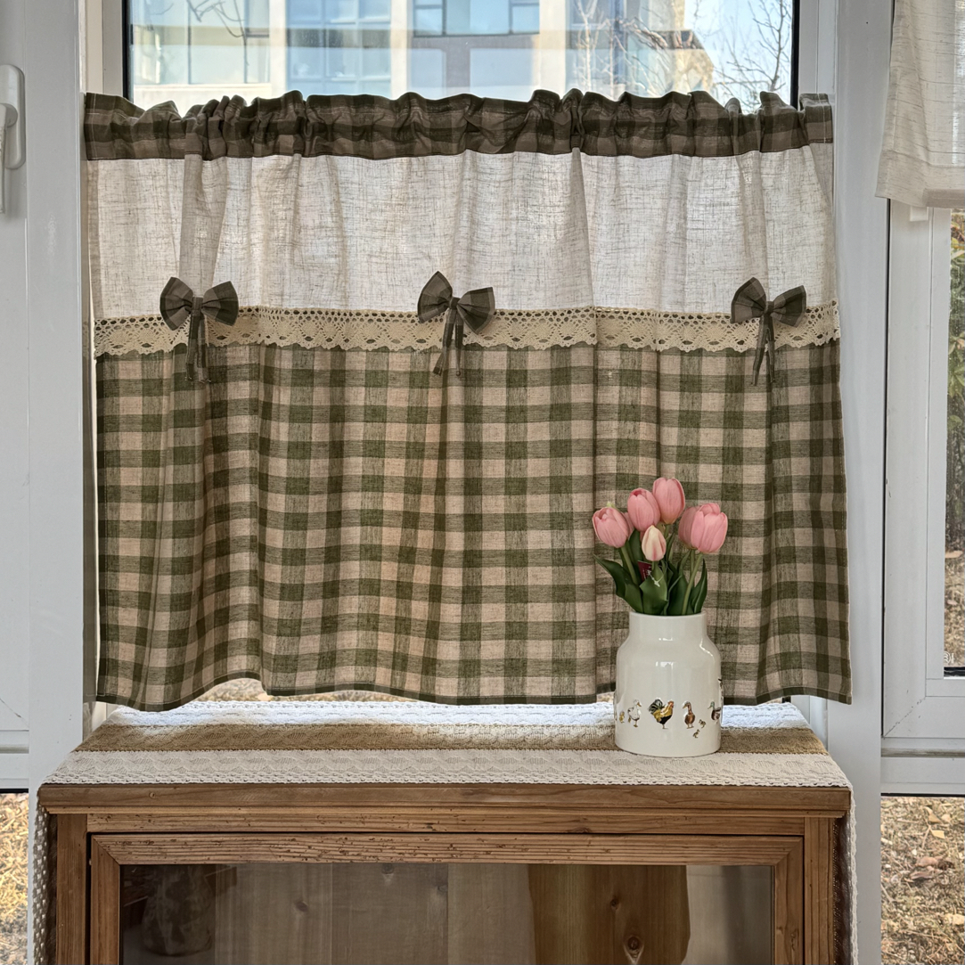 《绿野牧歌》亚麻色织格短窗帘（宽140高70）不带杆
