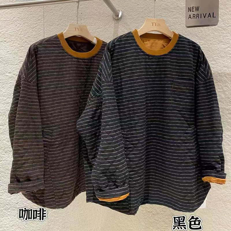 TY57736圆领外套女韩版休闲宽松大码条纹中长款夹棉2025秋冬新款