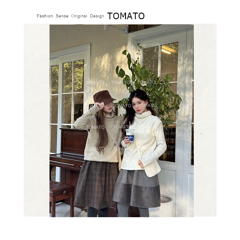 【TomoTo】冬日慵懒高领纯色针织马甲打底包包三件套C25TZ62112