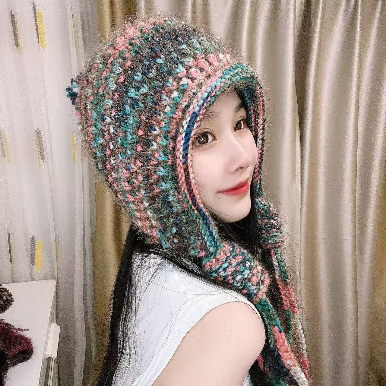 彩虹卷边加厚流苏手工针织保暖护耳帽子时尚百搭秋冬街头风