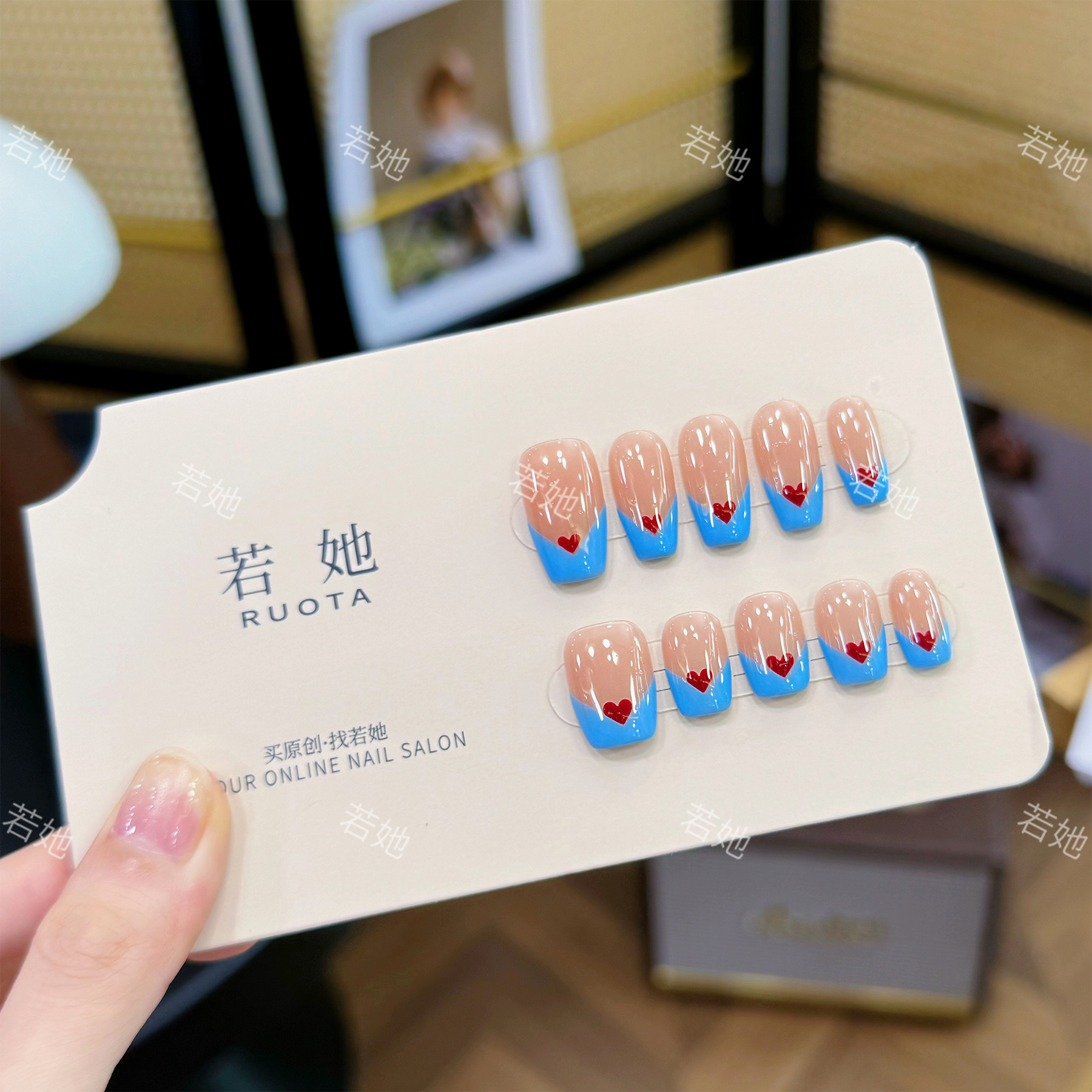 若她【蓝色情书】纯手工穿戴甲美甲片高颜值短款中长款推荐RT1021
