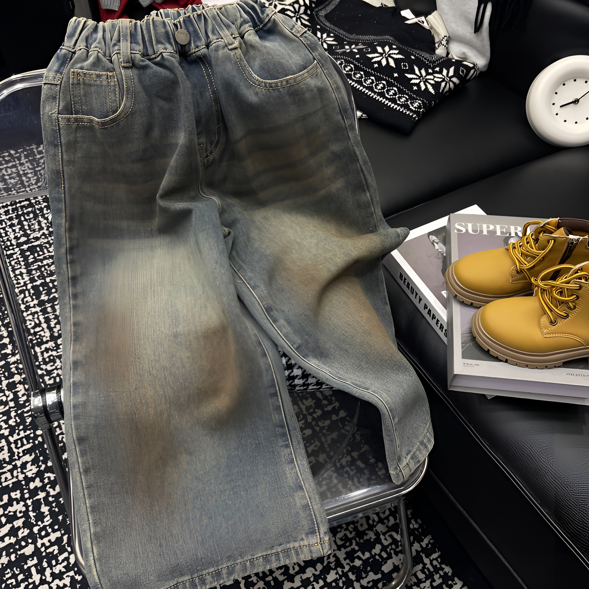 sisikids潮童蓝色脏脏牛仔裤ck2285