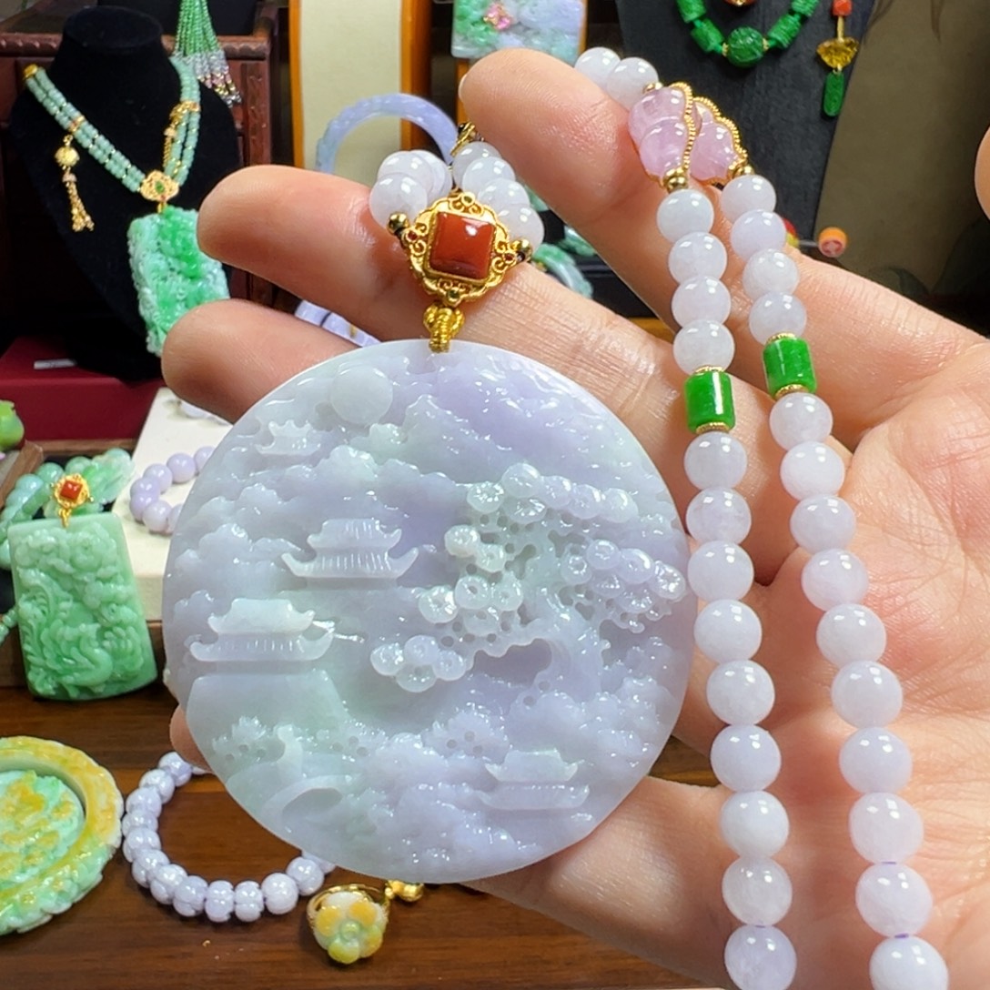 翡翠未镶嵌毛衣链春彩山水