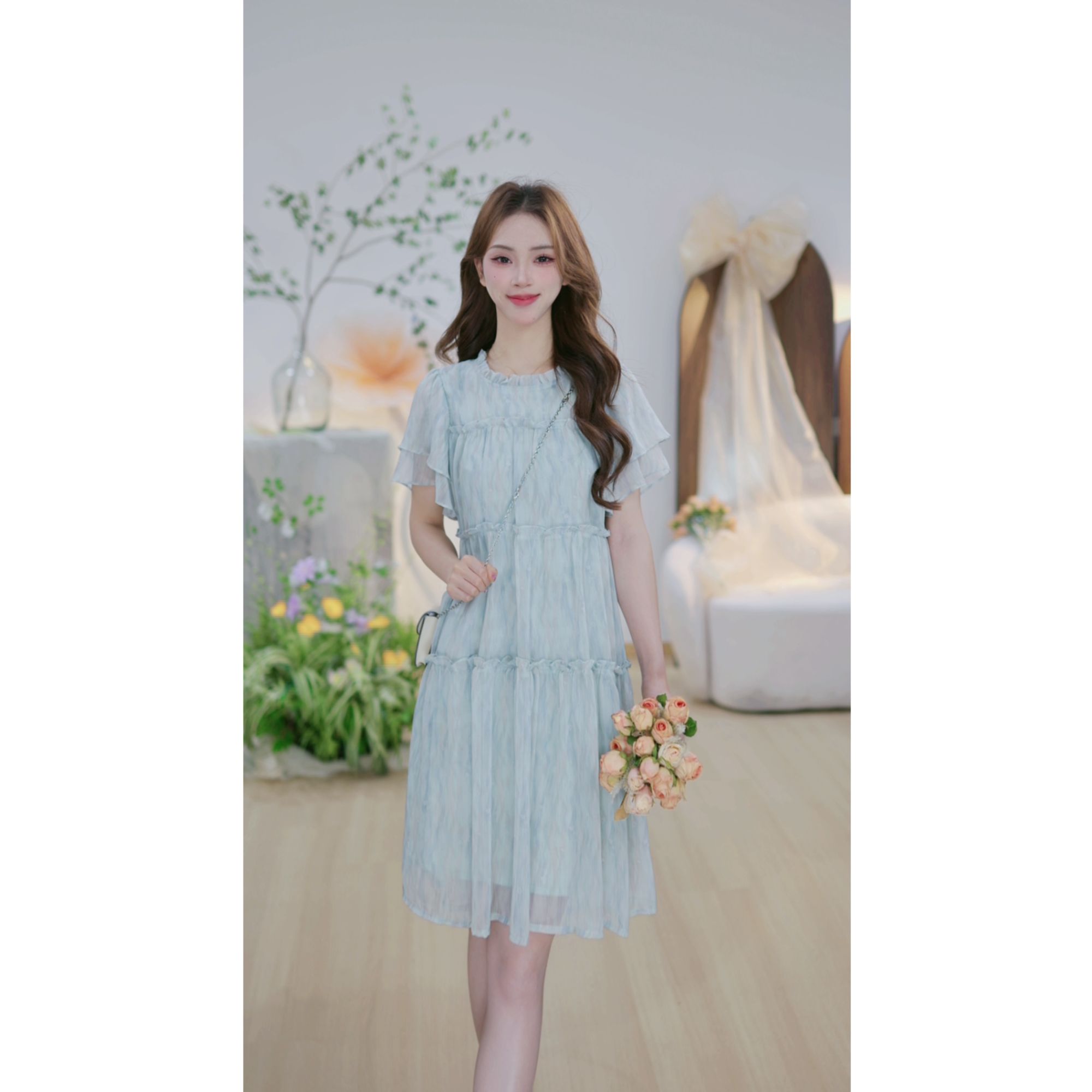 【月珑轻纱X】垂感木耳边温柔显白蛋糕裙宽松显瘦遮肉韩版连衣裙