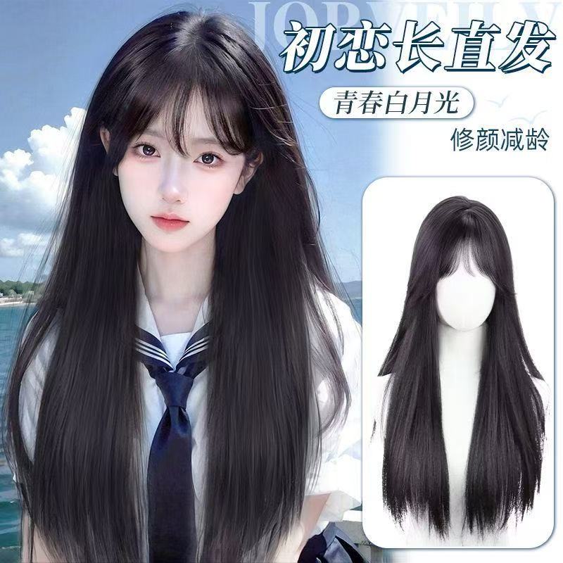假发女长发夏天套头薄款齐刘海温柔黑长直仿真人发日常整顶假发套