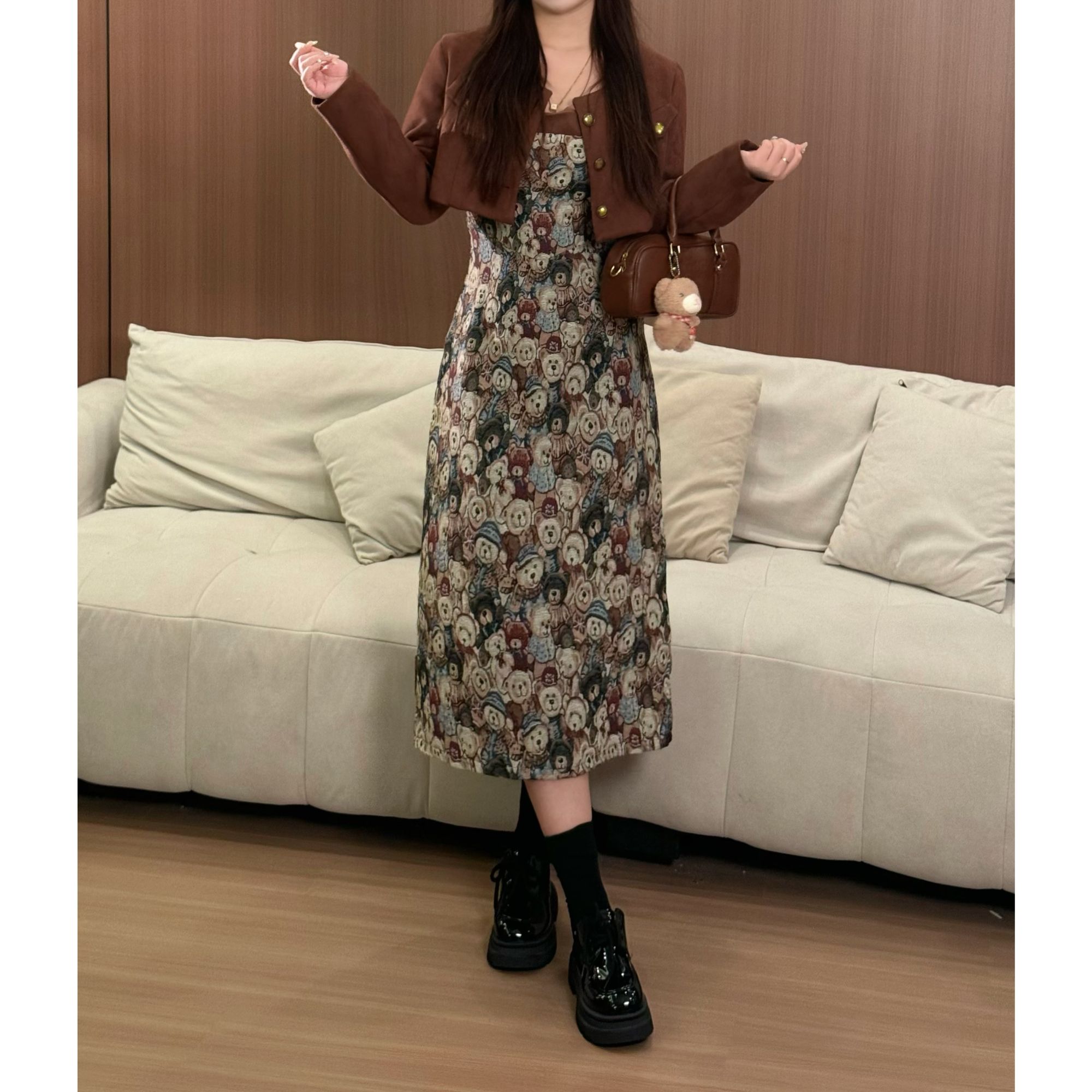 【现货】早秋美式复古学院风高腰收腰显瘦连衣裙工装长袖外套9840