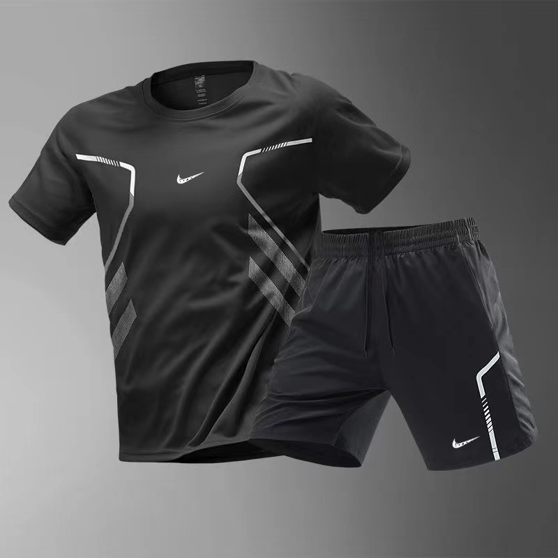 品牌精选夏季户外运动套装男士速干冰丝短袖跑步健身运动服套装