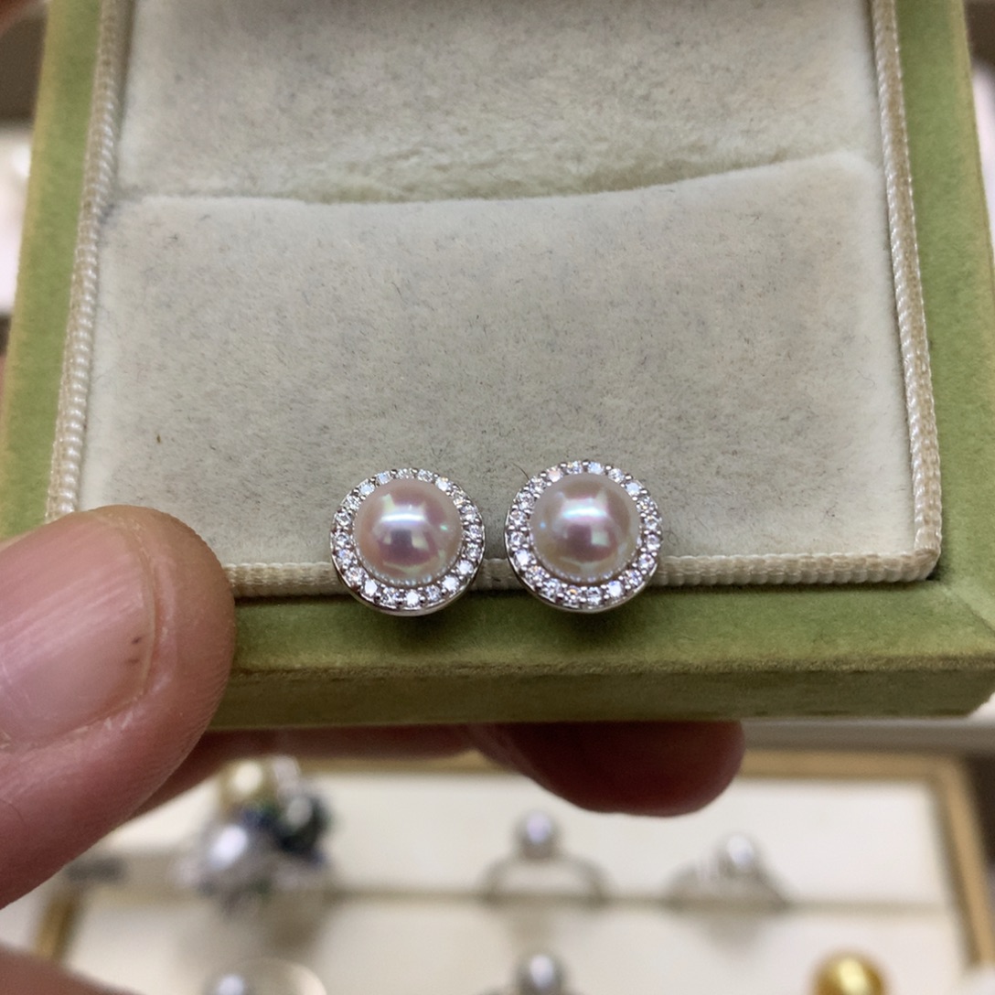 海水珍珠耳饰银S925镶嵌6-6.5akoya太阳花耳钉