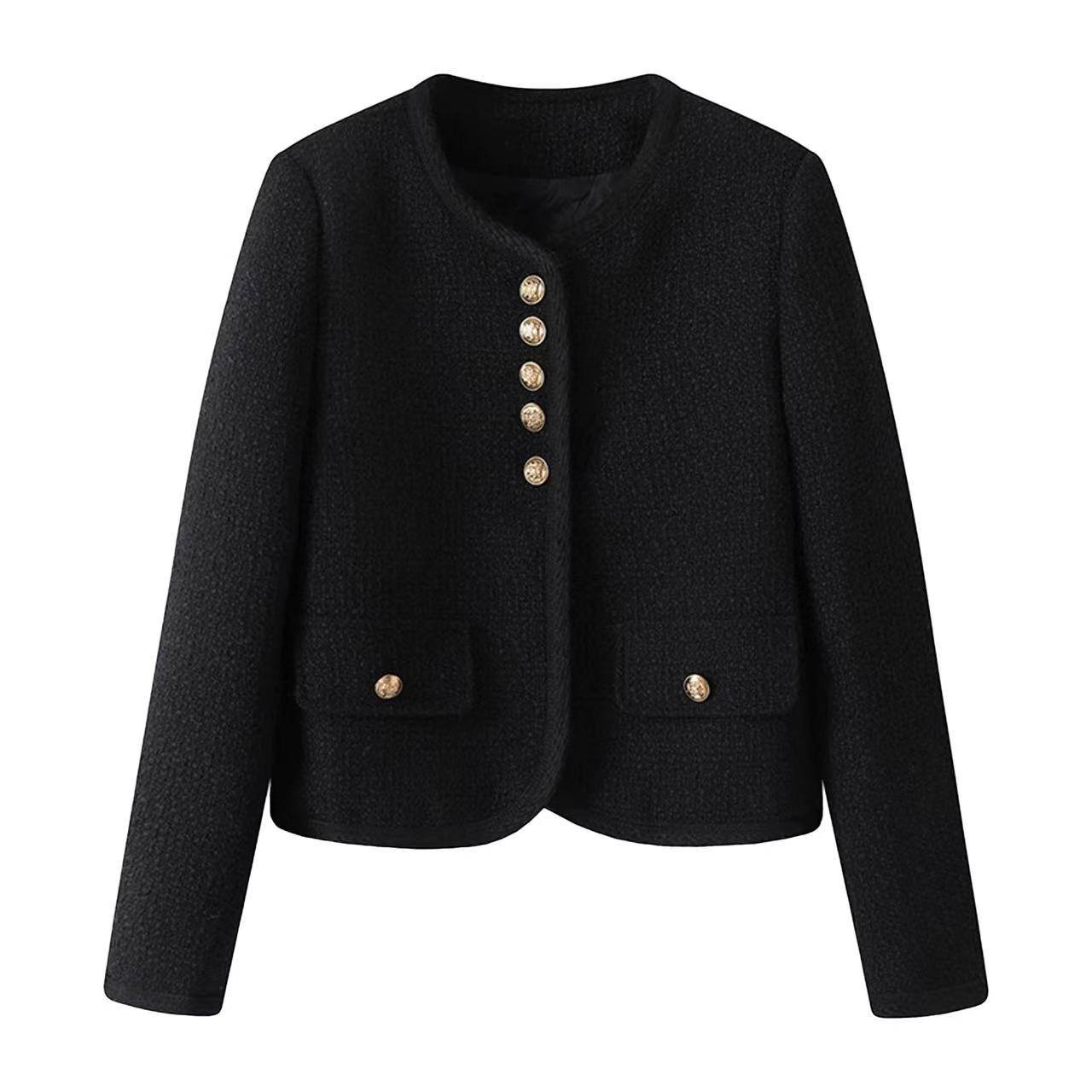 24秋冬黑色小香风羽绒服短外套女高级感粗花呢外套白鸭绒