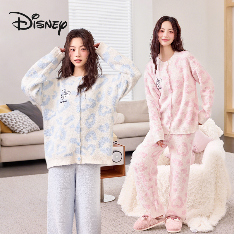 Disney/迪士尼冬季加绒加厚长袖保暖豹纹女士睡衣家居服套装