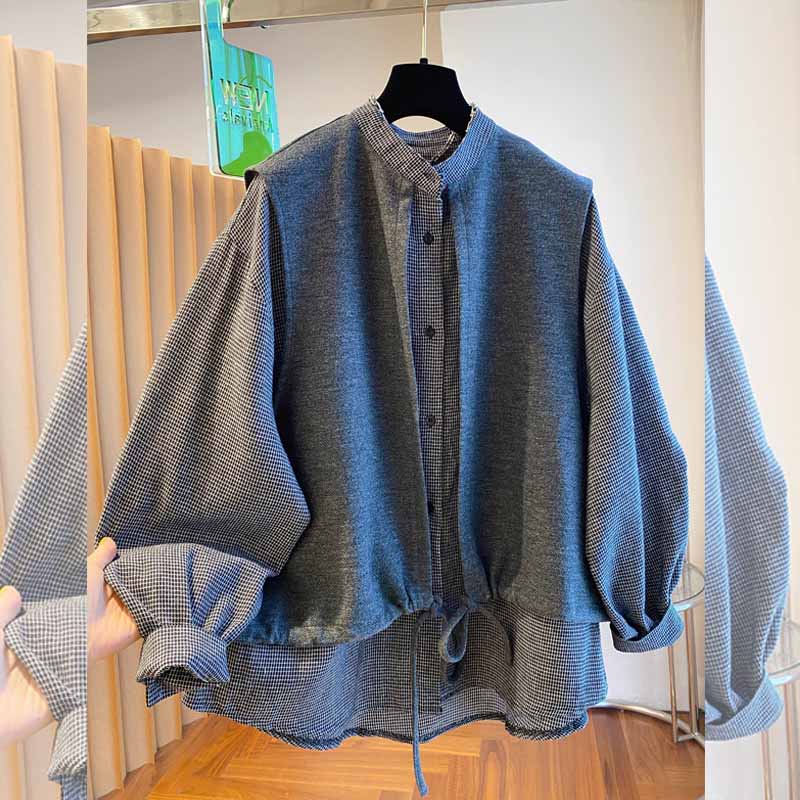 胖妹妹休闲高级复古感马夹拼接格子大码衬衫女装长袖立领宽松上衣