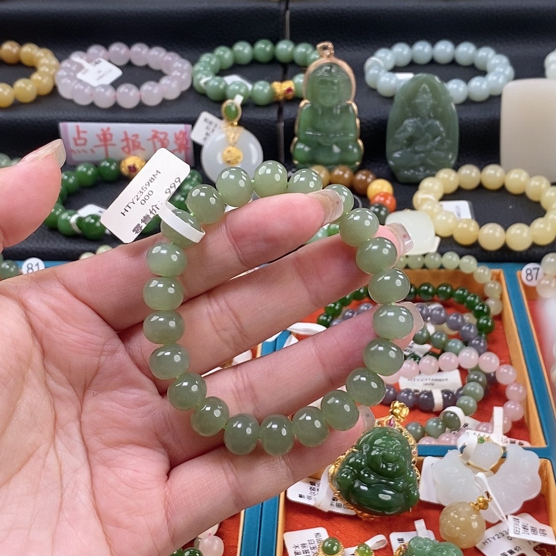 和田玉手链 10MM未镶嵌晴水算盘珠