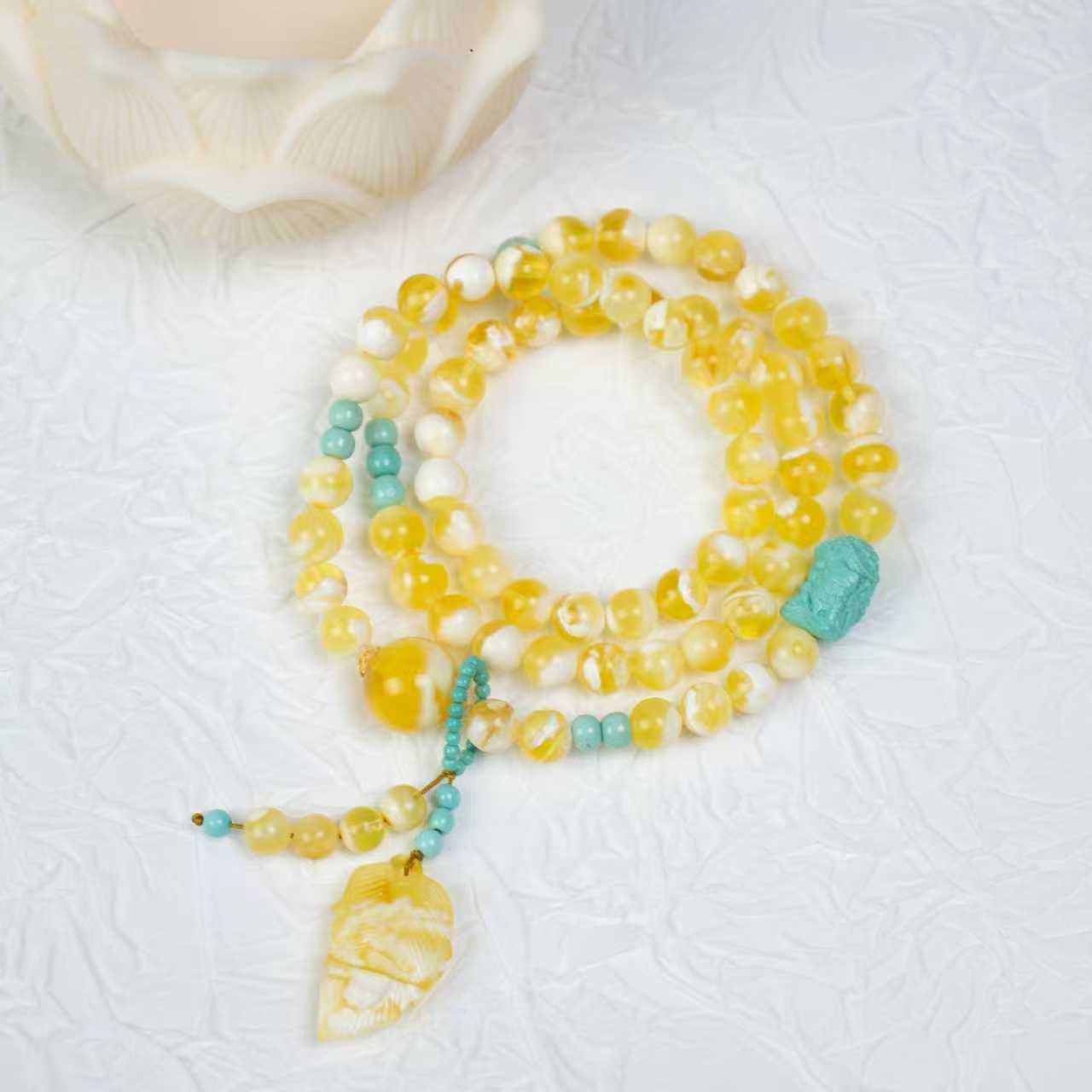 【壹芳珠宝】天然原矿琥珀蜜蜡白蜡金妖白叶子设计多圈6mm