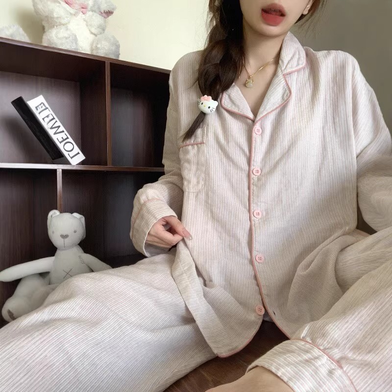 秋季日系简约泡泡棉纱睡衣女款春秋2025新款淡粉色条纹长袖家居服